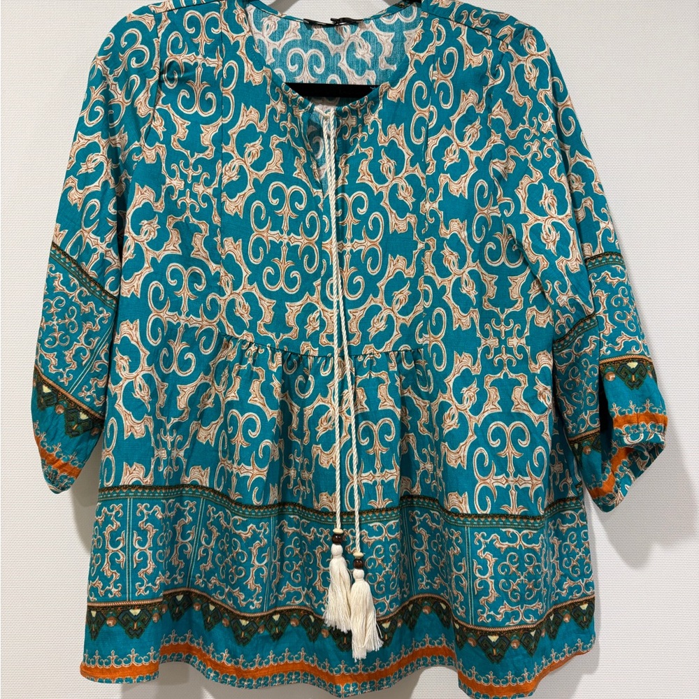 ViVI Teal and Cream Bohemian Blouse